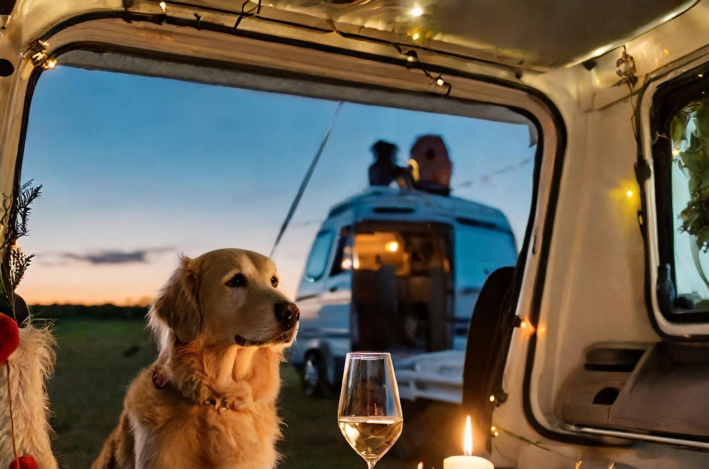 Bild aus einem offen Camper mit Blick aus der Heckklappe. Im Fokus ein sitzender Hund und ein Glas Sekt.