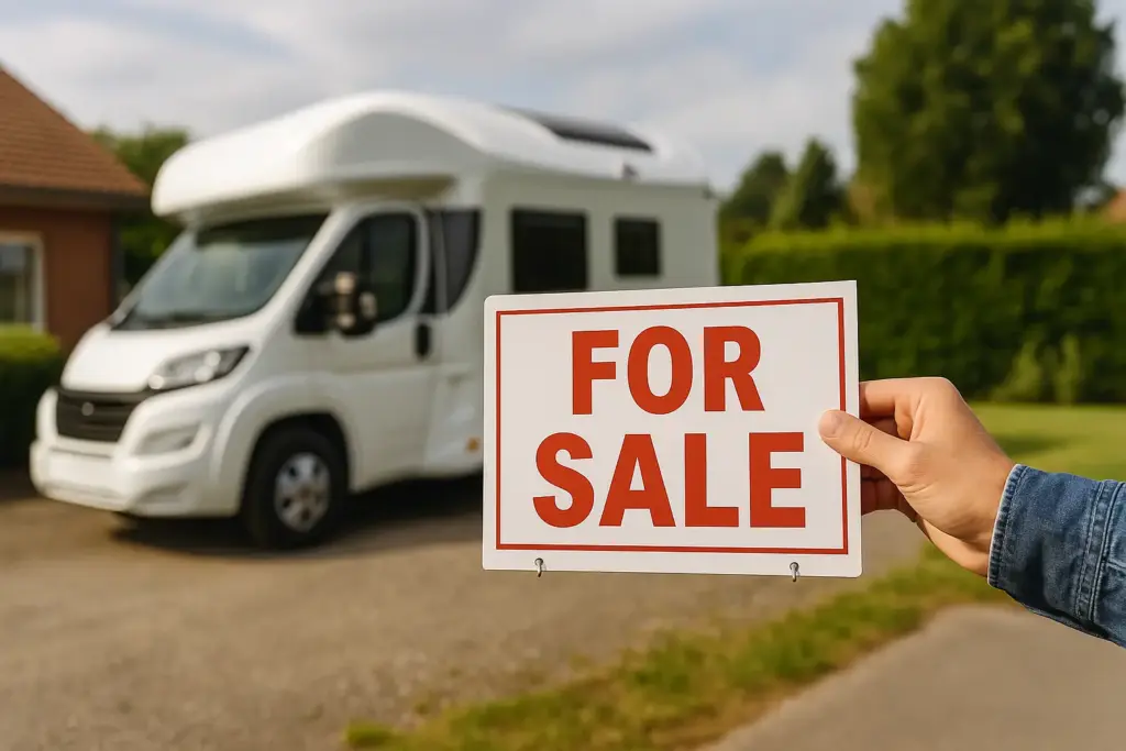 Blick auf ein modernes Wohnmobil. Im Vordergrund wird ein Schild mit "For Sale" hochgehalten.